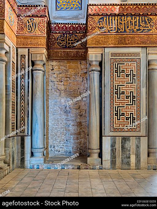 Interior view of decorated marble walls surrounding the cenotaph in the mausoleum of Sultan Qalawun, part of Sultan Qalawun Complex built in 1285 AD
