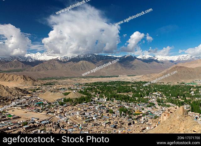 Leh Town, the capital and the region's main settlement, and the Indus Valley seen from Namgyal Tsemo (The Victory Hill). Himalayas, Ladakh, India