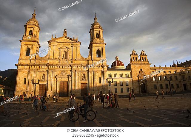 View to the Catedral Primada De Colombia in Plaza Bolivar in the afternoon light, La Candelaria, Bogota, Cundinamarca, Colombia, South America