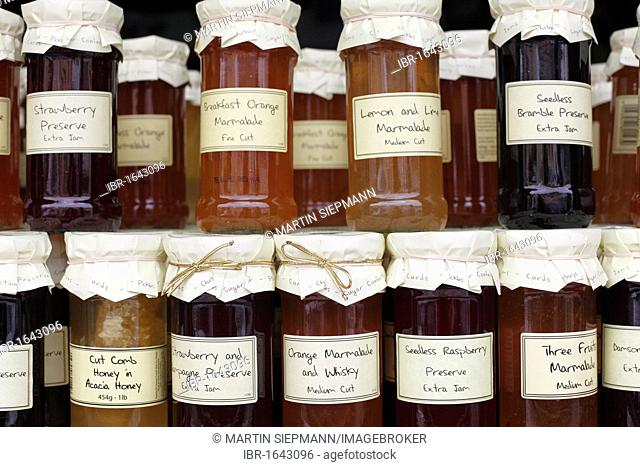 Various jams, jam jars, Clifden, Connemara, County Galway, Republic of Ireland, Europe