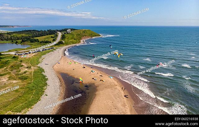 Aerial view of kiteboarders at Lawrencetown Beach in Nova Scotia on a sunny day
