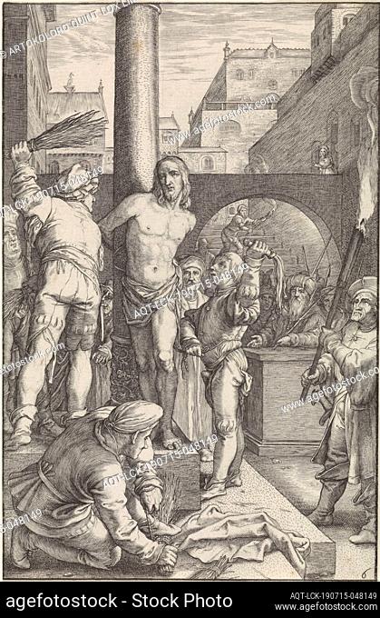 Flagellation of Christ The Passion (series title), Christ is tied to a pillar and is beaten by two men with a branch and a scourge