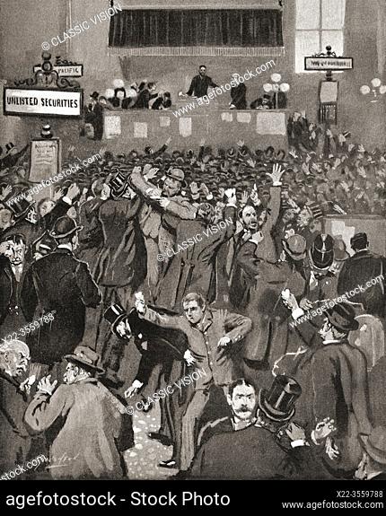 Panic in the New York Stock Exchange in May 1893. An economic depression which lasted from 1893 through 1897 became known as the Panic of 1893