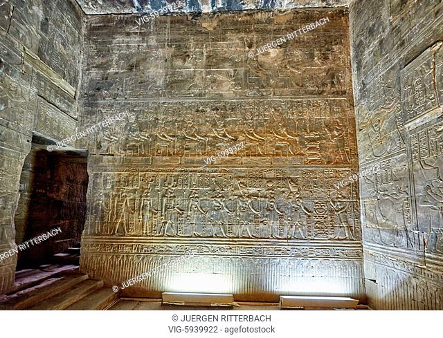 EGYPT, EDFU, 09.11.2016, stone carving inside Temple of Edfu, Egypt, Africa - Edfu, Egypt, 09/11/2016