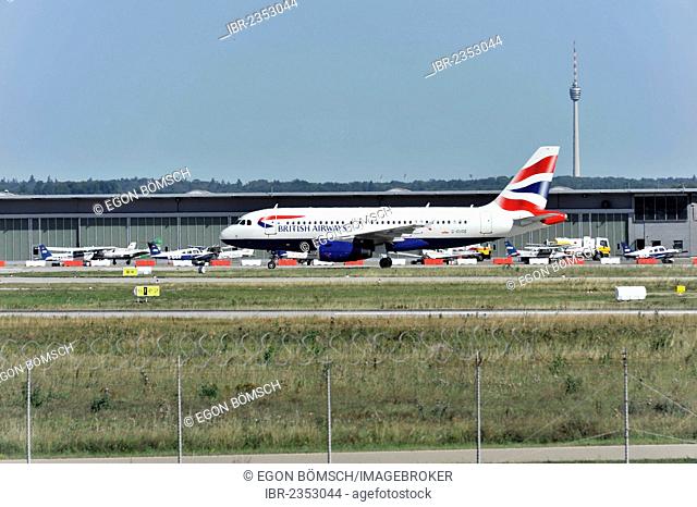 British Airways G-EUOE Airbus A319-131 after landing at Stuttgart Airport, Stuttgart, Baden-Wuerttemberg, Germany, Europe