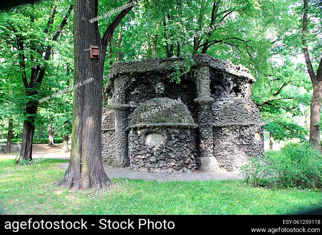 old desolate building made of stones. Old building made in 1882 in Lodz. Ancient building in city park of Lodz