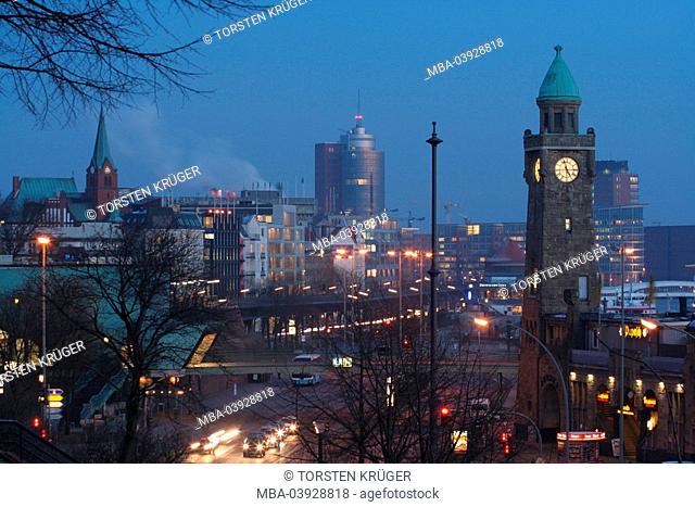Germany, Hamburg, piers, city view, clock-tower, detail, evening, North Germany, hanseatic city, port, city center, center, St pauli-gangplanks, buildings