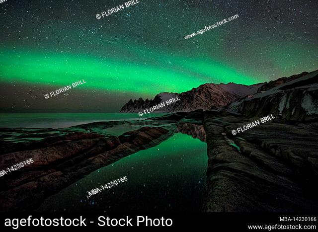 Aurora Borealis over the Devils Jaw mountains reflected in a natural pool of water, Tungeneset, Senja, Norway
