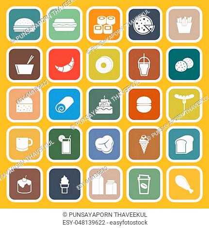 Popular food flat icons on orange background, stock vector