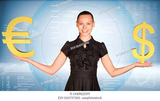 Businesswoman smiling and holding gold dollar with euro signs. Hi-tech graphs as backdrop. Business concept