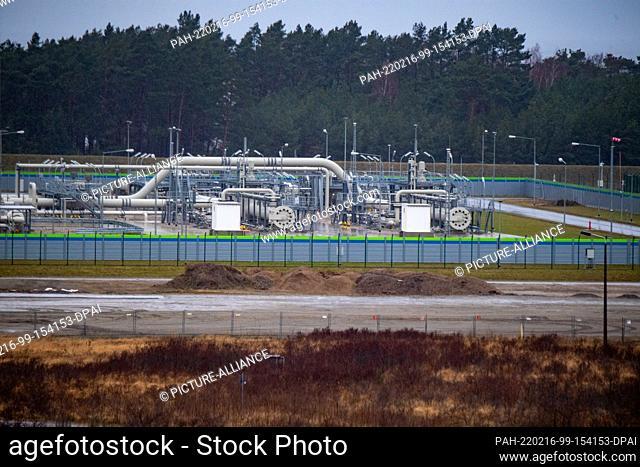 16 February 2022, Mecklenburg-Western Pomerania, Lubmin: View of pipe systems and shut-off devices at the gas receiving station of the Nord Stream 2 Baltic Sea...