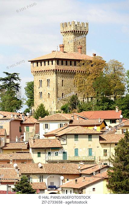 Trisobbio ancient castle overhanging the village, Piedmont , shot in bright late summer light