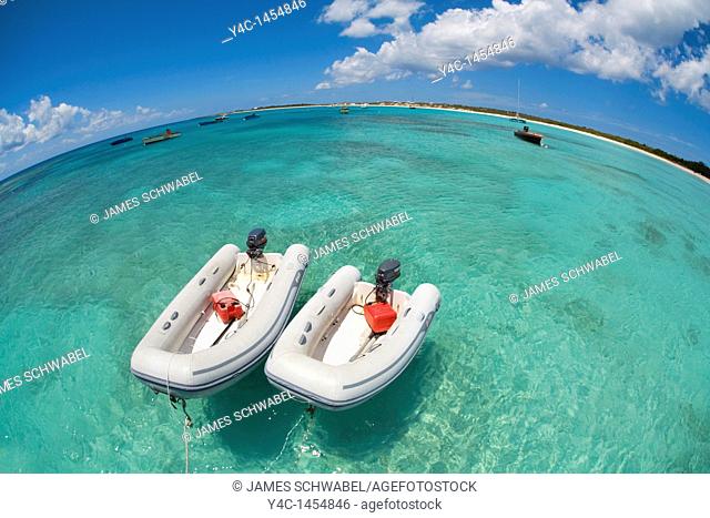 Rubber boats in Cove Bay on the caribbean island of Anguilla in the British West Indies