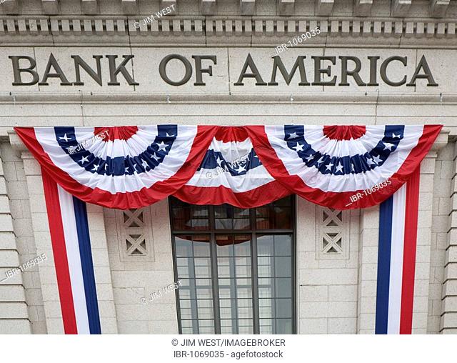 A bank decorated with patriotic bunting for the presidential inauguration of Barack Obama, Washington, DC, USA