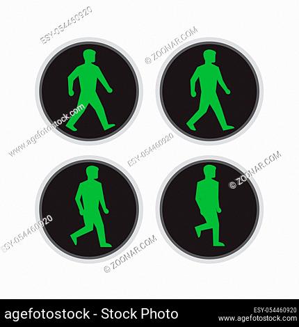Retro style illustration of walk cycle sequence of a traffic signal light with green man walking for pedestrian crossing on isolated background