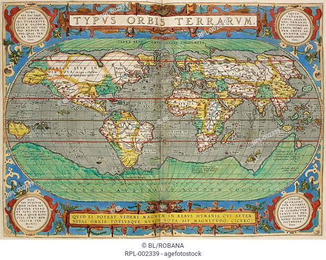 World map, Typus Orbis Terrarum. Image taken from Theatrum Orbis Terrarum. Originally published/produced in Antwerp, 1606
