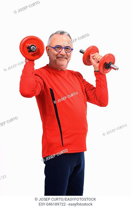 man with dumbbells on white background