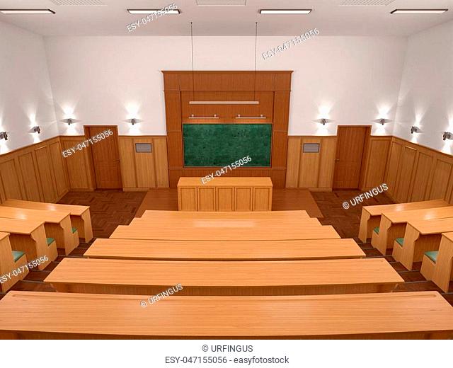 An empty modern lecture style university classroom. 3d illustratiuon