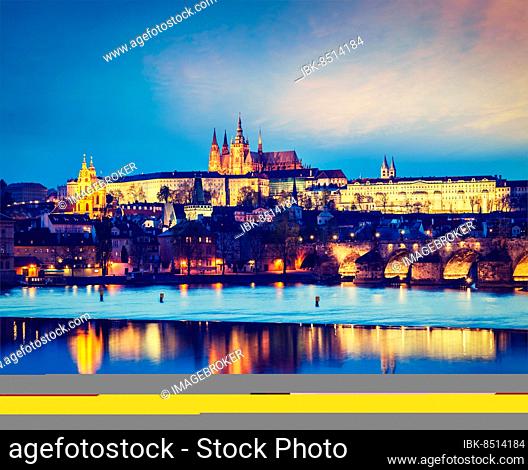 Vintage retro hipster style travel image of travel Prague Europe concept background, view of Charles Bridge and Prague Castle in twilight