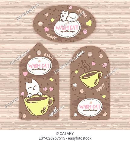 Vector hand drawn set of tags with cute cat and cup of coffee. Can be used as decorative element in coffee shop design