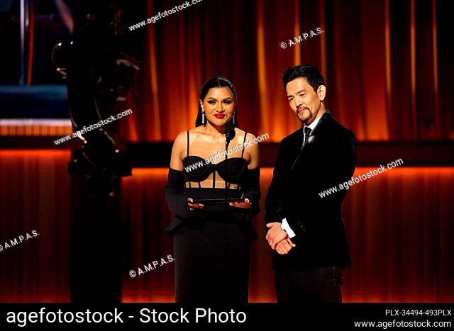 Mindy Kaling and John Cho present the Oscar® for Original Score during the live ABC telecast of the 95th Oscars® at the Dolby® Theatre at Ovation Hollywood on...