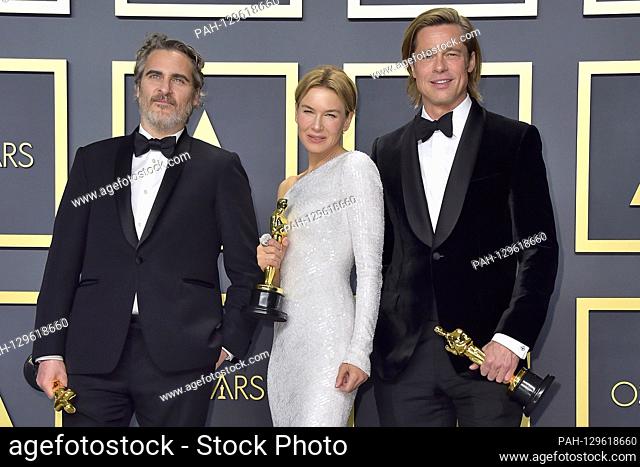 Joaquin Phoenix (Best Actor in 'Joker'), Renee Zellweger (Best Actor in 'Judy') and Brad Pitt (Best Supporting Actor in 'Once Upon a Time in Hollywood') in the...