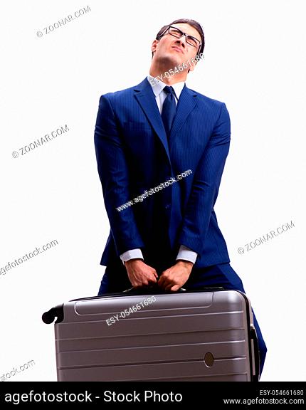 The young businessman with suitcase isolated on white background