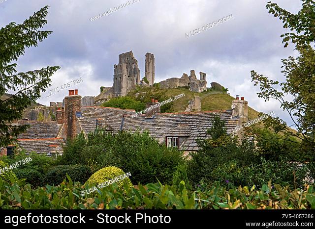 A view of Corfe Castle across the old stone roof tops in the village of Corfe, Dorset, England, Uk