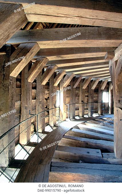 The internal wooden structure of the roof and the parapet walk, dungeon of Laval old castle, Pays de la Loire. France, 12th-13th century