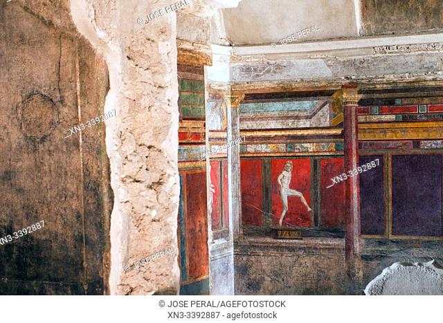 Roman fresco, Villa of the Mysteries, Villa dei Misteri, Excavations of Pompeii, was an ancient Roman town destroyed by volcan Mount Vesuvius, Pompei