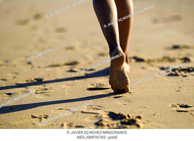 Close-up of woman's feet walking in sand on the beach