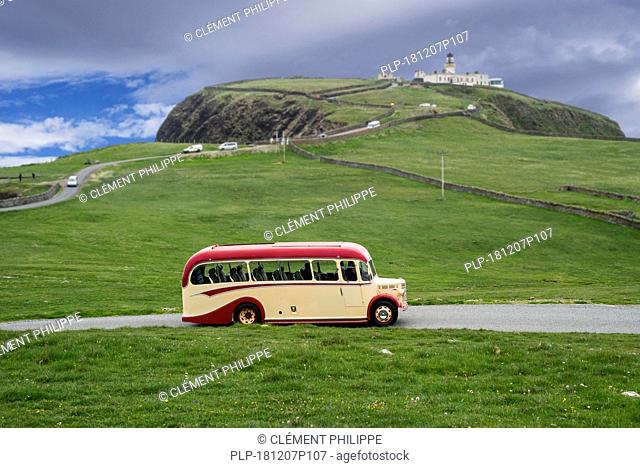 1950 Bedford OB Duple Vista Coach at Sumburgh Head at the southern tip of Mainland of Shetland, Scotland, UK
