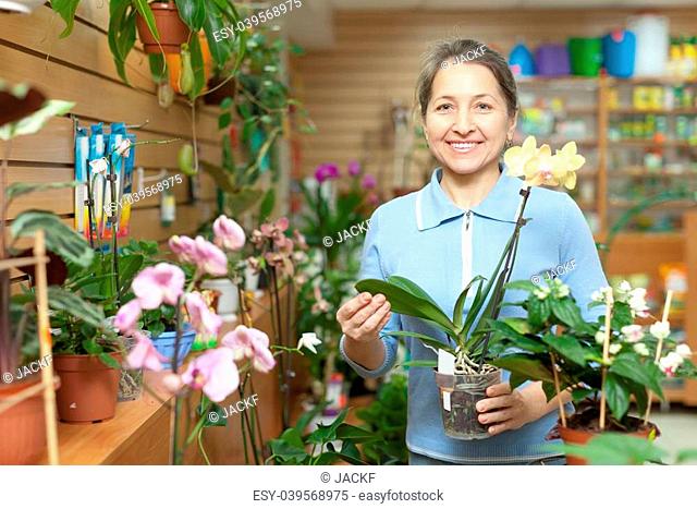 Happy mature woman with Phalaenopsis surrounded by different flowers in flower store