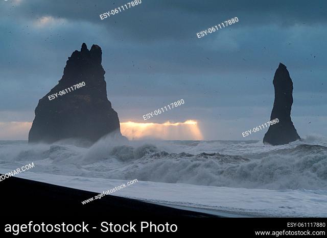 Rock spire of Reynisdrangur, coast of Reynisfjara close to Vik, Iceland, Europe
