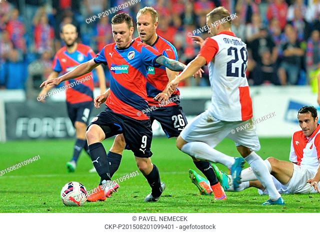 From left: Ondrej Vanek and Daniel Kolar of Victoria Plzen and Novica Maksimovic of Vojvodian in action during the fourth qualifying round of the UEFA Europa...