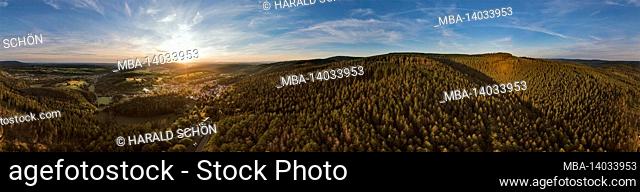 germany, thuringia, geratal, plaue, elgersburg, village, forest, mountains, sunrise, partly back light, 360 –° panorama