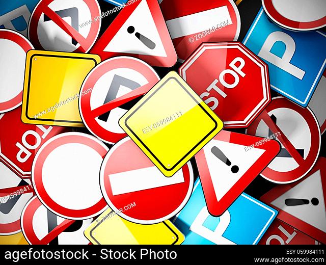 Shiny multi colored traffic signs background. 3D illustration