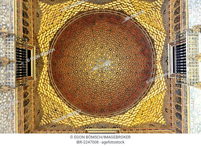 Ceiling decorations, Sala de los Embajadores, ambassador's hall, in the Moorish royal palace Real Alcazar, UNESCO World Heritage Site, Seville, Andalusia, Spain