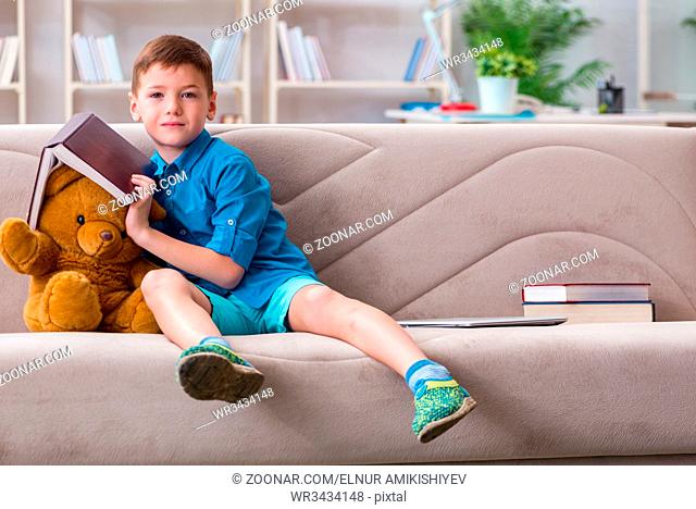 Small boy reading books at home