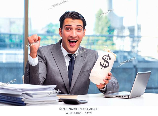 Businessman with money sack bag in office