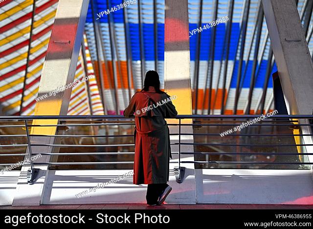 Illustration picture shows a monumental temporary art work by French artist Daniel Buren, at the Liege-Guillemins railway station, in Liege
