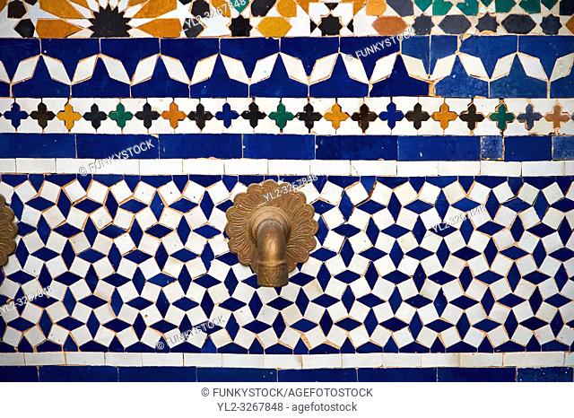 Berber Arabesque Zellige tiles of the Marrakesh museum in the Dar Menebhi Palace, Marrakesh, Morocco