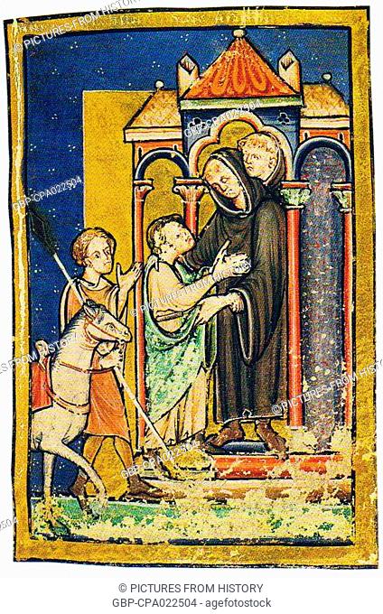 England / UK: Cuthbert's meeting with Boisil at Melrose, from a 12th century manuscript of Bede's Life of St. Cuthbert
