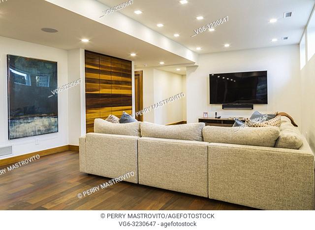 Grey upholstered sectional sofas in illuminated white basement family room with Ipe wood floor inside luxurious stained cedar and timber wood home