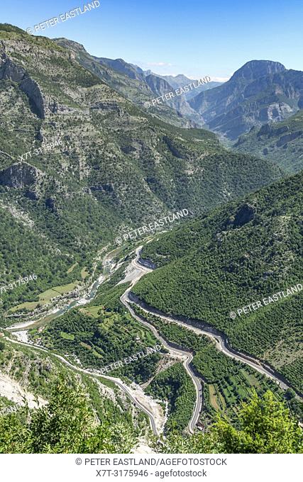 Looking down on The Cem River Valley and SH 20 road at Grabom, Kelmend in Northern Albania, just below the border with Montinegro. Albania