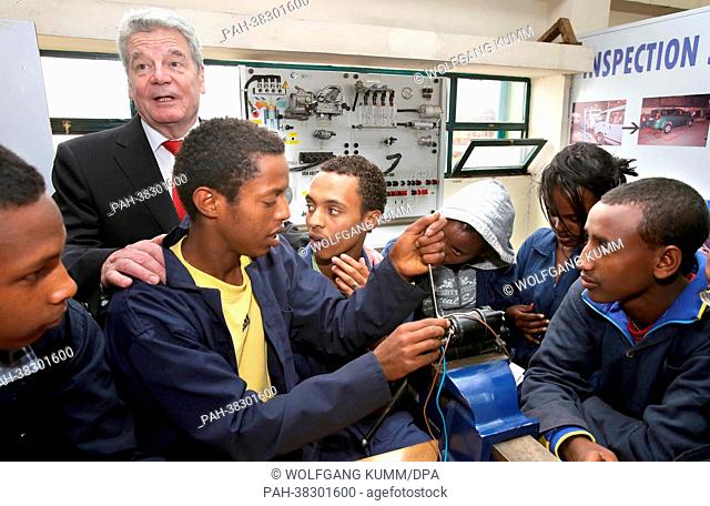 German President Joachim Gauck visits the school for Technical and Vocational Education Training (TVET) and talks to apprentices in Addis Ababa, Ethiopia