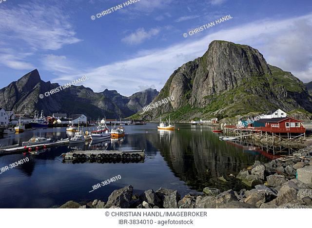 Sheltered harbour and high mountains, Lofoten, Hamnøya, Nordland, Norway
