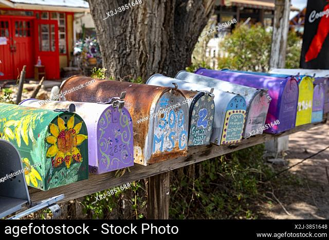 Madrid, New Mexico - Colorful mail boxes in a small town filled with art shops and other tourist attractions on the Turquoise Trail National Scenic Byway...