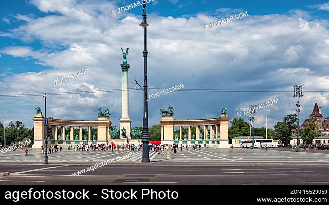 Budapest, Hungary - July 14, 2019: Heroes square with monuments and visiting people in Budapest, Hungary