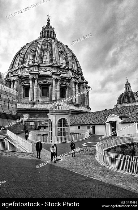 Dome of St. Peter's Basilica in the Vatican City in Rome (Italy) in black adn white